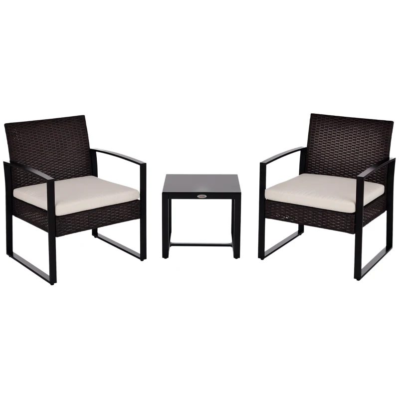 Outsunny Conjunto de Mesa y Sillas de Jardín para Exterior Incluye 2 Sillones y 1 Mesa de Centro de Vidrio Marrón