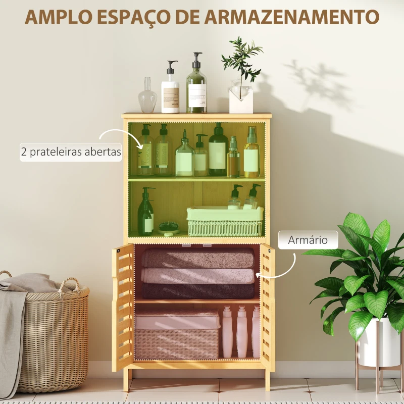 kleankin Armário Casa de Banho de Bambu Móvel Auxiliar Casa de Banho com 2 Portas 2 Prateleiras Abertas 50x29x92 cm Madeira