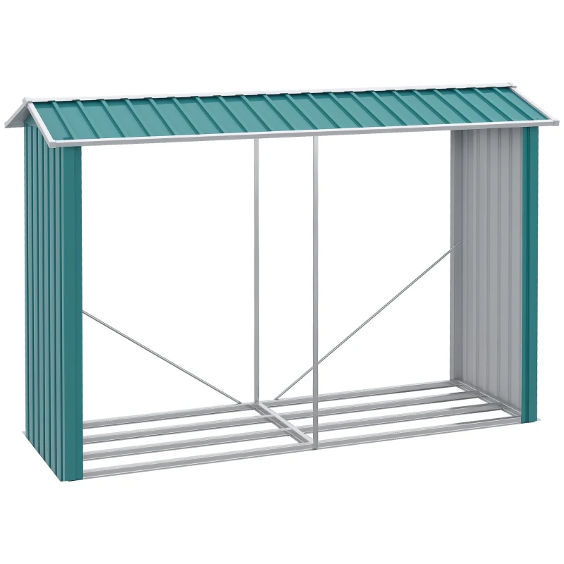 Outsunny Magazie de Depozitare a Buștenilor, Casă pentru Lemne de Foc din Otel Galvanizat cu Podea Înălțată, 240x86x160 cm, Verde