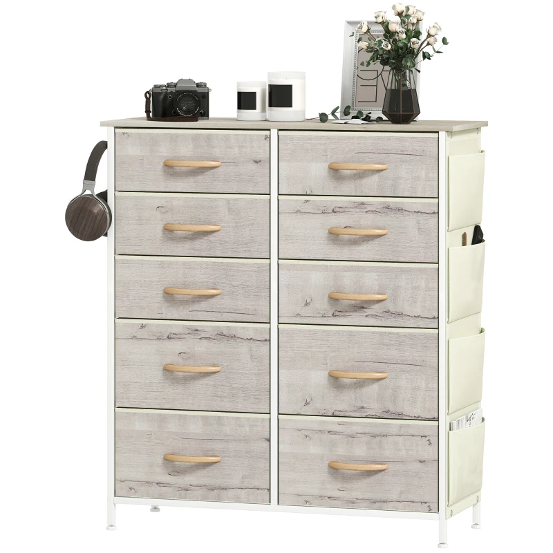 HOMCOM Chest of Ten Fabric Drawers - Natural Wood Finish