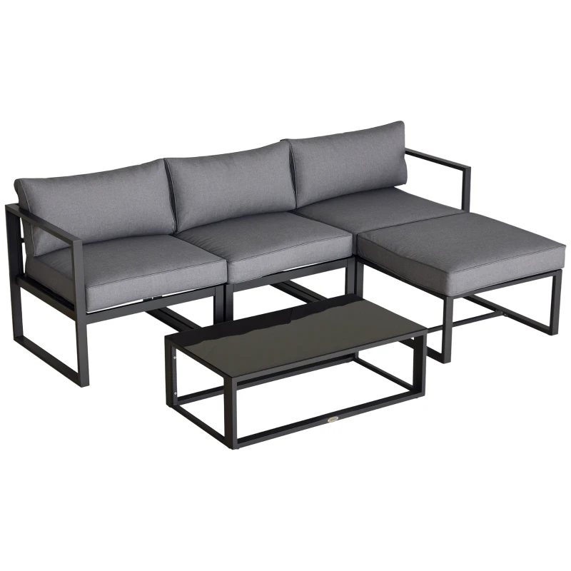 Outsunny 5 Pieces Outdoor Patio Furniture Set, Sofa Couch with Glass Coffee Table, Cushioned Chairs and Aluminum Tube, for Balcony Garden Backyard, Grey
