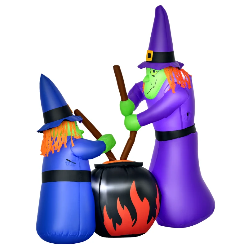 HOMCOM 1.8m Inflatable Halloween Lawn Decoration with LED Witches Around A Black Cauldron Outdoor Air Blown Holiday Décor