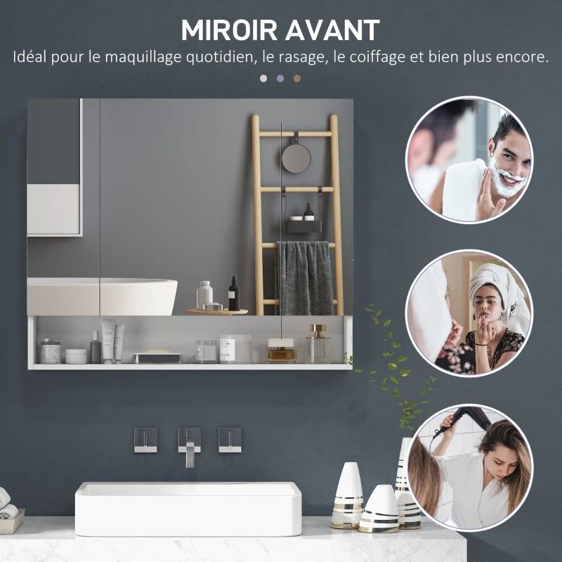 kleankin Armoire murale salle de bain avec miroir, armoire de toilette 3 portes miroir, étagères réglables, 90x15x75cm, blanc