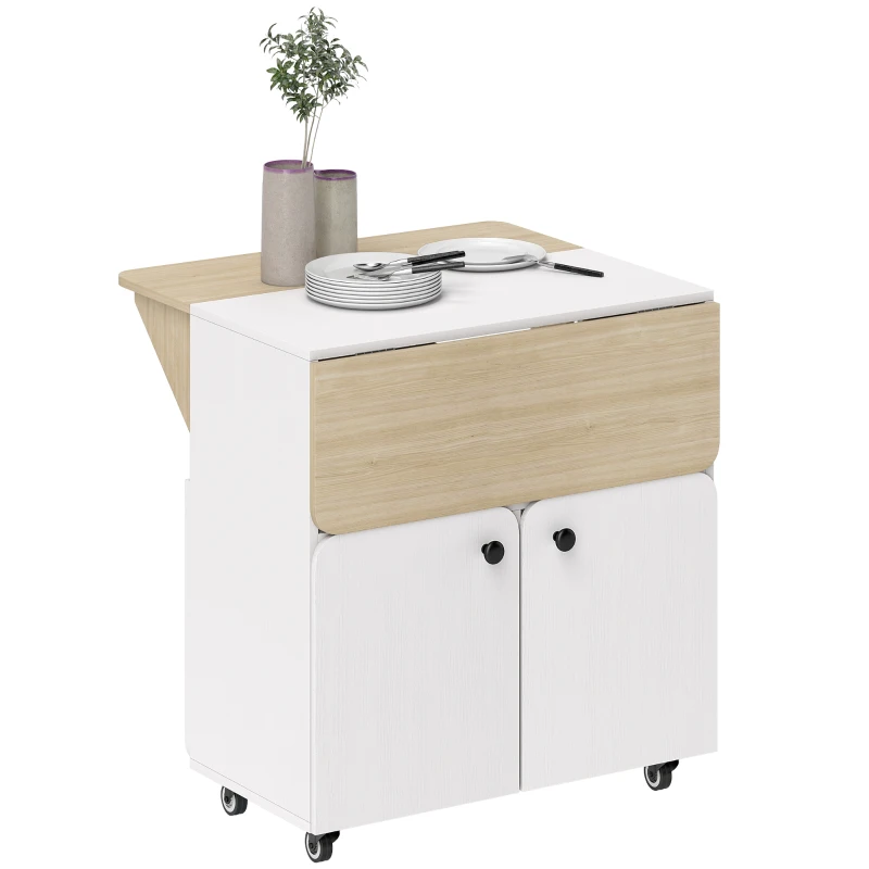HOMCOM Klapptisch Rollschrank, zwei klappbare Tischseiten, Schrankfach, 4 Rollen, Weiß+Naturholz, 70 x 83 x 75cm