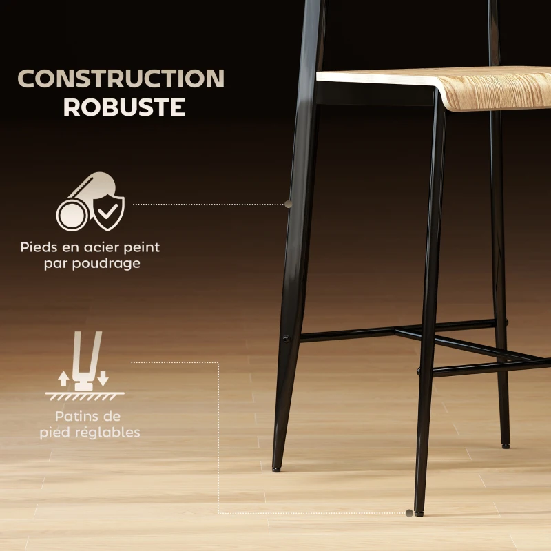 HOMCOM Lot de 2 tabourets de bar, hauts 65H cm avec dossier, structure en acier, effet bois naturel
