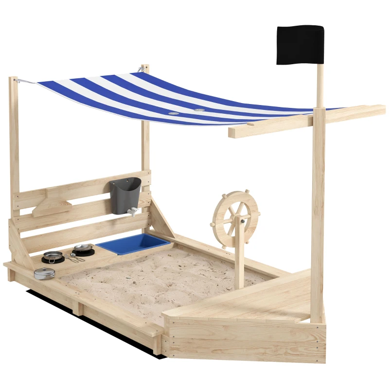 Outsunny Arenero Infantil con Toldo Volante Juguetes de Cocina y Forma de Barco Pirata para Patio Jardín 180x103x144,5 cm Natural