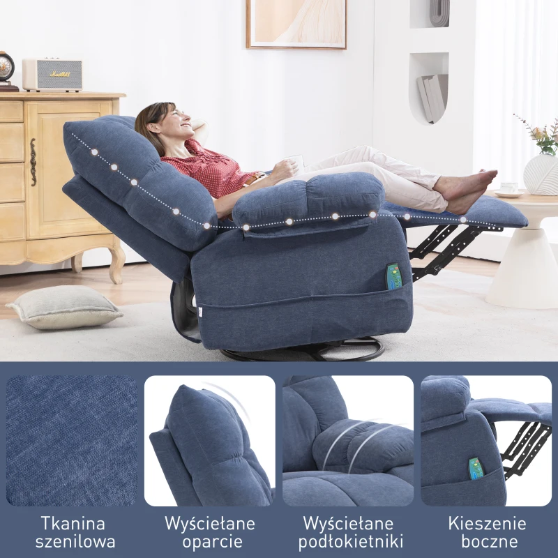 HOMCOM Fotel Masażer z Funkcją Ogrzewania i Leżenia, Obrotowy, do 150 kg, Konstrukcja Metalowa, 98x90x98cm, Niebieski