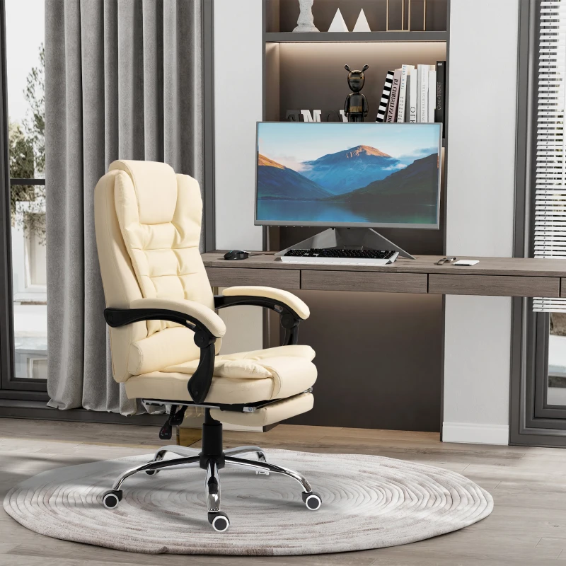 HOMCOM Poltrona Presidenziale in Similpelle Bianca con Schienale Reclinabile 145° e Poggiapiedi, 64.5x69x109-117 cm