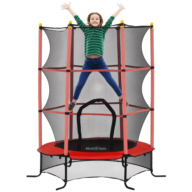 HOMCOM Trampoline Enfant Ø 1,63 × 1,9H m Filet de sécurité Porte zipée Couvre-Ressorts 6 poteaux rembourrés Inclus Rouge