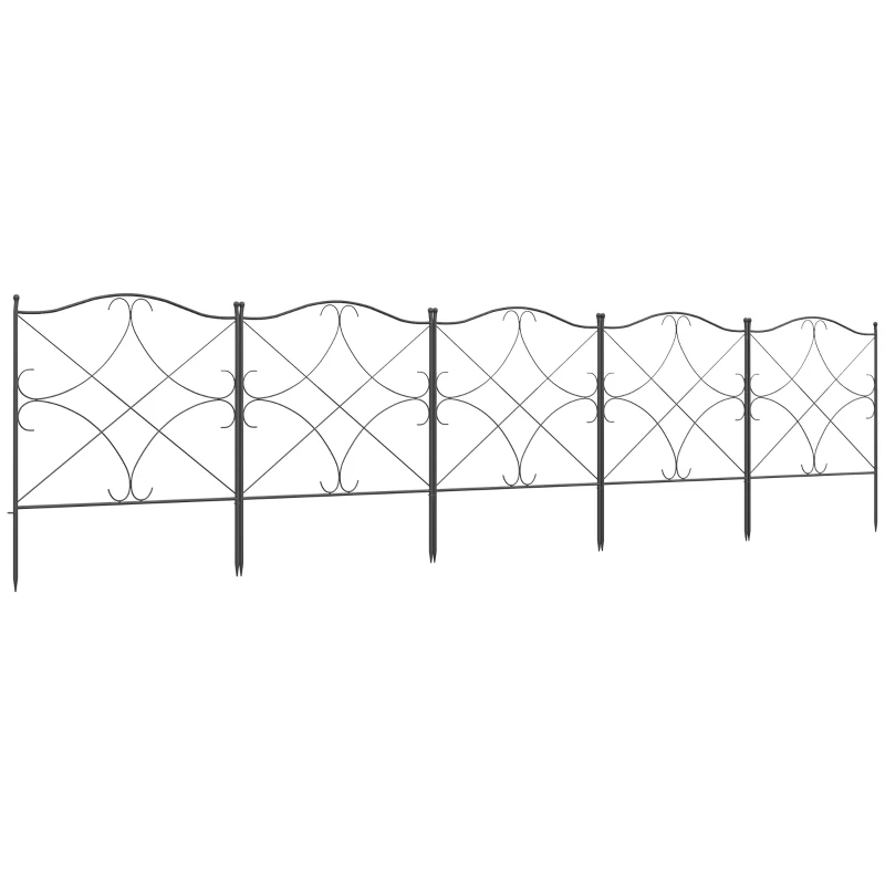 Outsunny Vallas Decorativas para Jardín de 5 Paneles 305x62 cm Cerca de Privacidad de Metal con Estacas y Bordes de Césped Negro