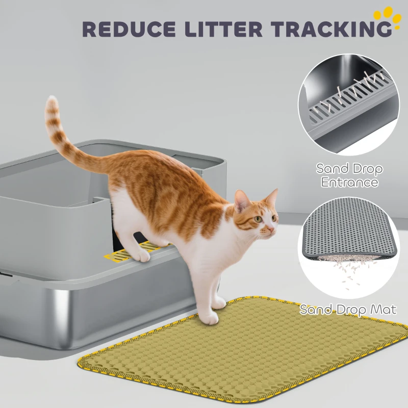 PawHut High Sided Stainless Steel Litter Box, Metal Cat Litter Tray with Metal Scoop, Litter Mat, Never Absorbs Odors, Grey
