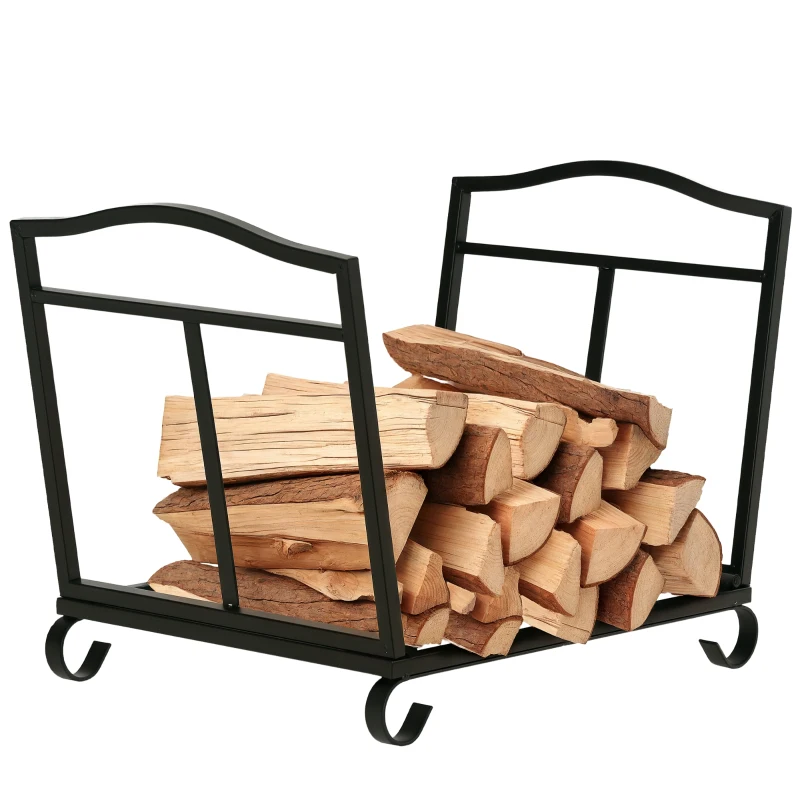 Outsunny Metal Firewood Log Holder Indoor Outdoor Folding Firewood Rack Fireplace Wood Storage Shelf w/ Scrolls, Rust-Resistant, Black, 48L x 34W x 37Hcm