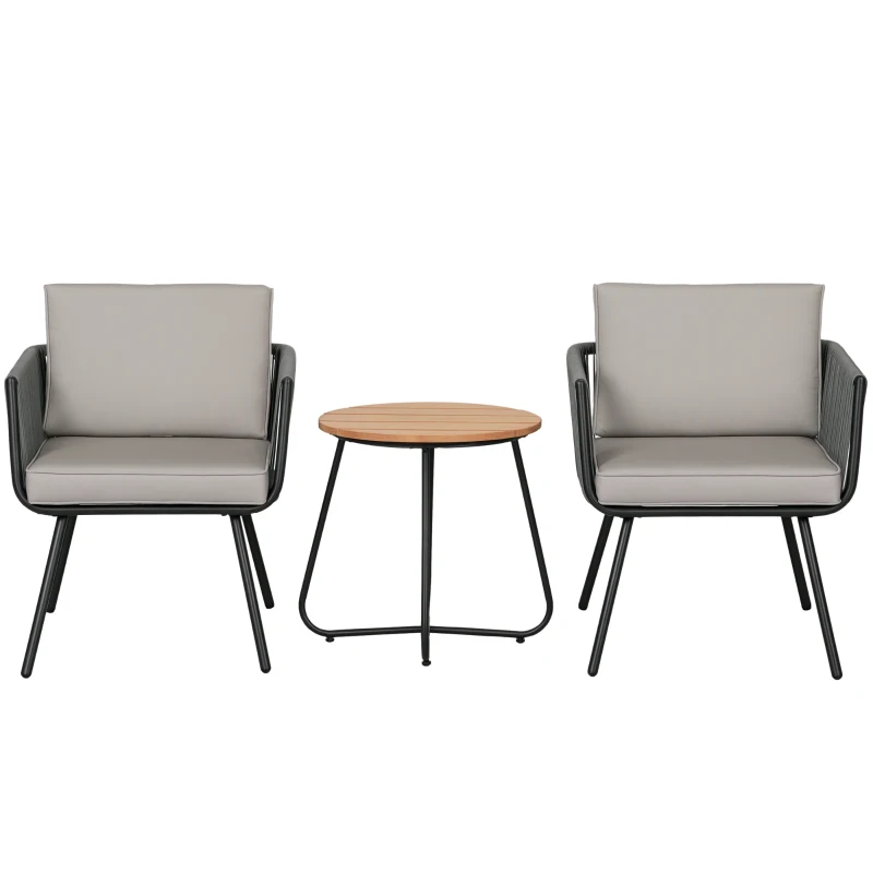 Outsunny Conjunto de Móveis de Jardim de Vime 3 Peças Incluí 1 Mesa de Centro e 2 Poltronas com Almofadas Acolchoadas Cinzento