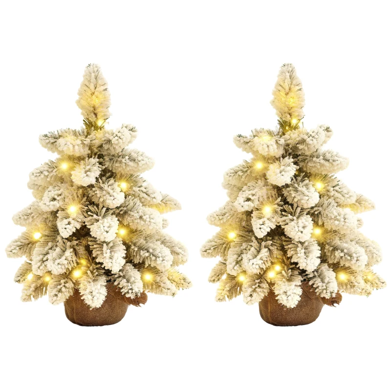HOMCOM 1.5ft Mini Artificial Christmas Trees with Lights Set of 2, Snow Flocked Tabletop Christmas Trees with Base, Battery Operated, Desktop Party Decoration