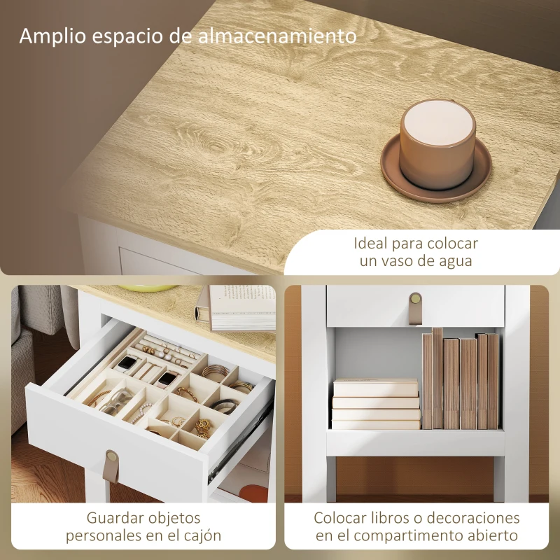HOMCOM Mesilla de Noche con 1 Cajón Compartimento Abierto Tirador de PU Mesa Auxiliar para Salón Dormitorio 45x40x55 cm Blanco