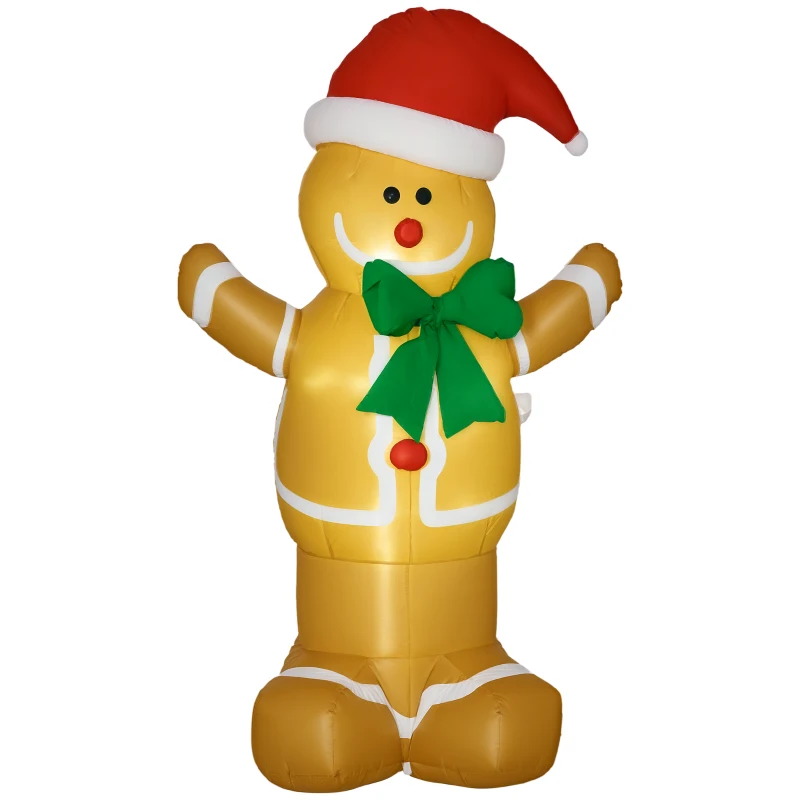 HOMCOM 6ft Christmas Inflatable Gingerbread Man & Santa Hat Safe Outdoor Decoration w/ Accessories