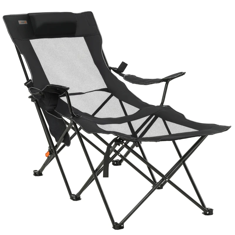 Outsunny Chaise de camping pliable avec repose-pied + Porte-gobelets + coussin appui-tête et sac de transport inclus noir