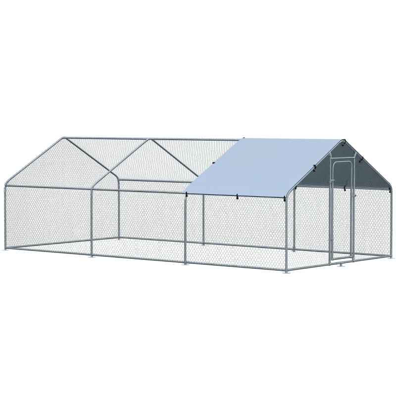 PawHut Coteț pentru Găini de Exterior din Metal Galvanizat cu Acoperiș din Material Impermeabil, 6x3x2 m, Argintiu