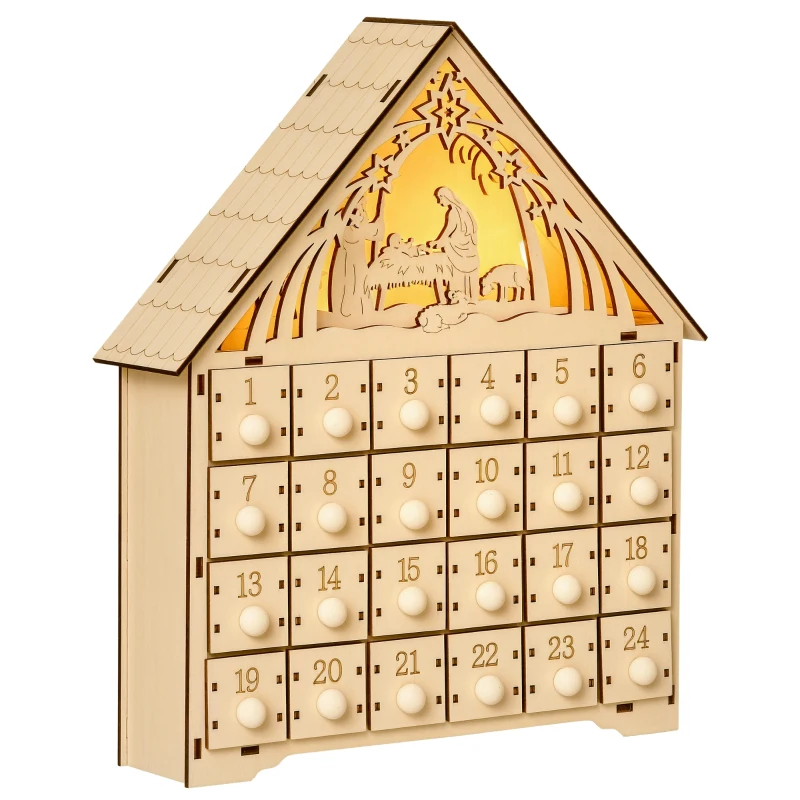 HOMCOM Calendario dell'Avvento in Legno con 24 Cassetti, Decorazione Natalizia con Presepe Intagliato e Luci, 26.6x6x30cm
