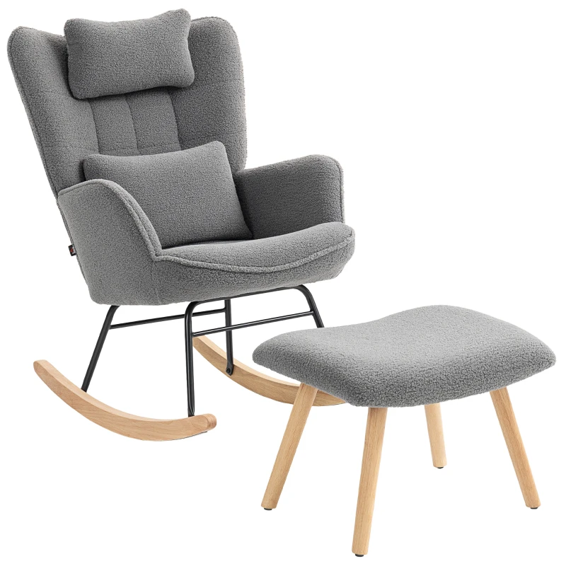 HOMCOM Sedia a dondolo con Poggiapiedi, Rivestimento in Pile Morbido, Gambali in Legno, Cuscino, Alto Schienale, Sedia a Dondolo, Grigio scuro