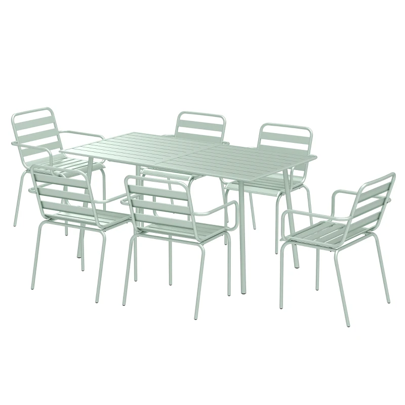 Outsunny Salon de jardin ensemble salle à manger de jardin 7 pièces avec 1 table et 6 chaises empilables en acier vert clair