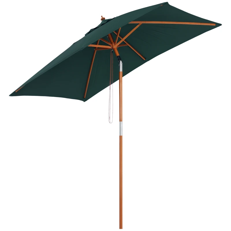 Outsunny Ombrellone da Giardino 2x1.5 m Inclinabile a 6 Stecche con Palo in Legno e Apertura a Corda, Verde
