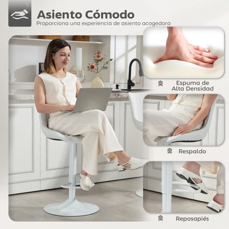 HOMCOM Juego de 2 Taburetes de Bar con Altura Ajustable Respaldo Asiento de Piel Sintética Marco de Acero y Reposapiés Blanco