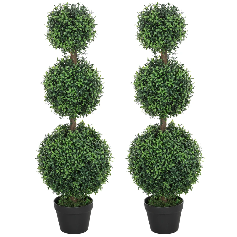 HOMCOM Set di 2 alberi artificiali 101,6 cm 3 boules di bosso topiario pianta finta verde PE con vaso interno ed esterno