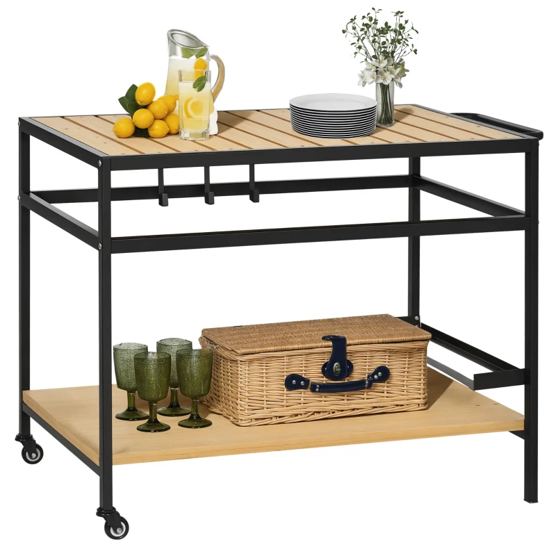 Outsunny Carrinho Multifuncional com Rodas de Madeira Bancada em Ripas 2 Prateleiras 3 Ganchos 107x65x80 cm Madeira