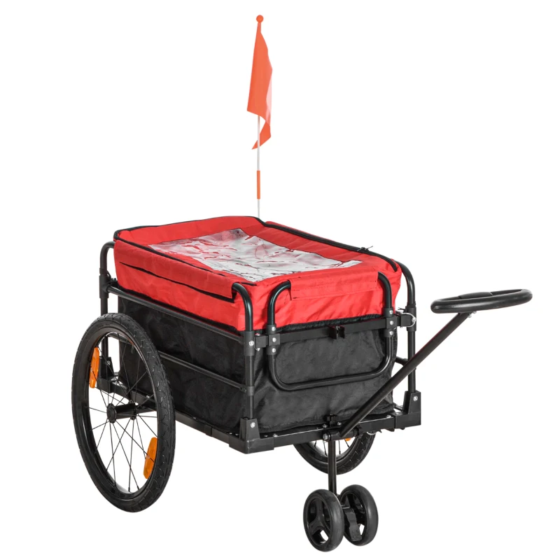 HOMCOM 2 en 1 Remolque de Bicicleta para Carga 40 kg Carro de Mano con Bandera Mango de Empuje Desmontable Marco de Acero y Reflectores 130x64x103 cm Negro y Rojo