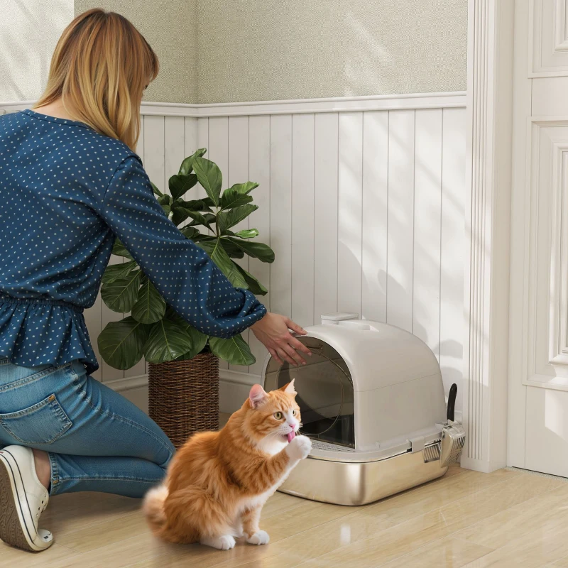 PawHut Litière pour Chats en Acier Inoxydable avec Couvercle Sac Désodorisant Pelle Facile à Nettoyer 52,4x41,3x39,9 cm Gris