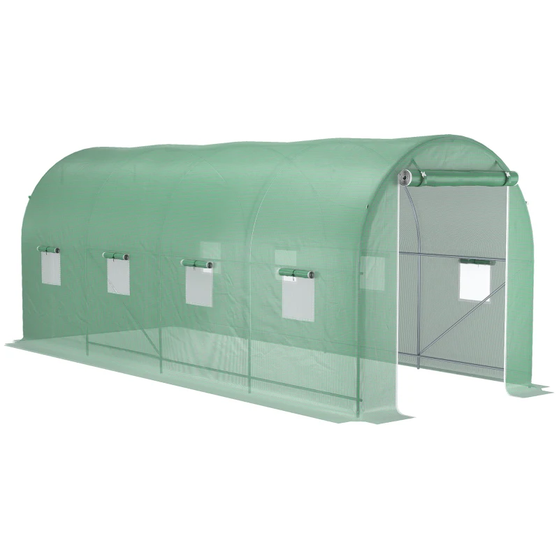 Outsunny Invernadero de Túnel 500x200x205 cm Invernadero de Jardín con Puerta Enrollable y 8 Ventanas Cubierta PE 140 g/m² Verde