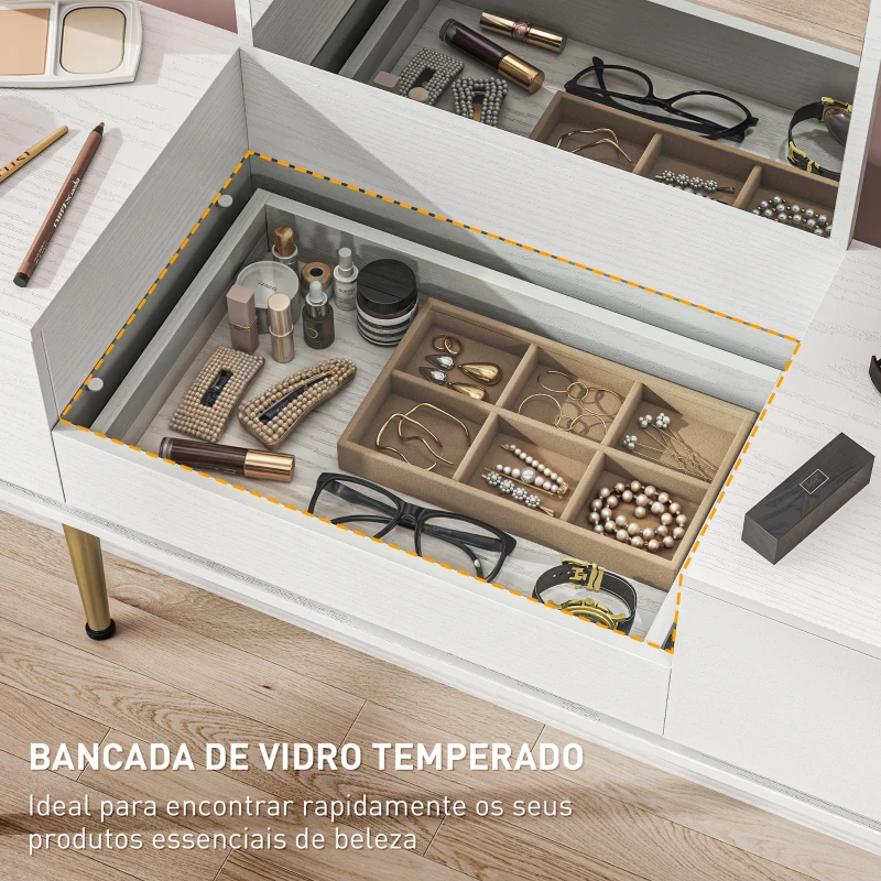 HOMCOM Tocador de Maquilhagem com Espelho Bancada de Vidro 3 Gavetas Mesa de Maquilhagem Moderna 105,5x30x130,5 cm Branco