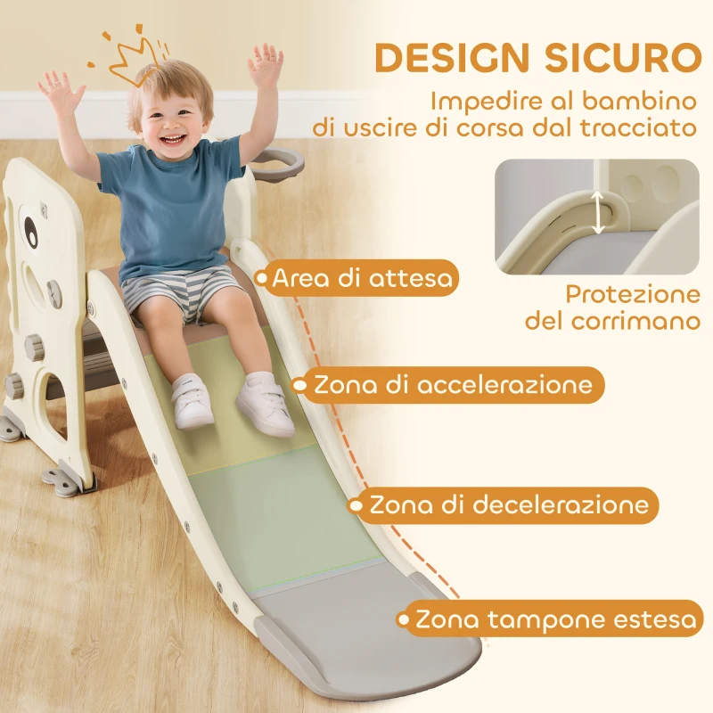 AIYAPLAY Scivolo per Bambini Pieghevole con Canestro e Palla da Basket, in PP e HDPE, 146x52x65 cm, Grigio e Crema