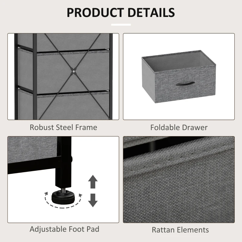 HOMCOM Fabric Chest of Drawers, Industrial Bedroom Dresser with 5 Fabric Drawers, Steel Frame and Wooden Top for Nursery, Living Room, Hallway, Rustic Brown and Grey