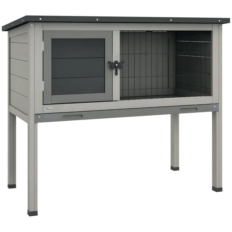 PawHut Wooden Guinea Pig Hutch, Small Animal Cage with Slide-out Tray, Openable Asphalt Roof, 84 x 43 x 70cm, Grey