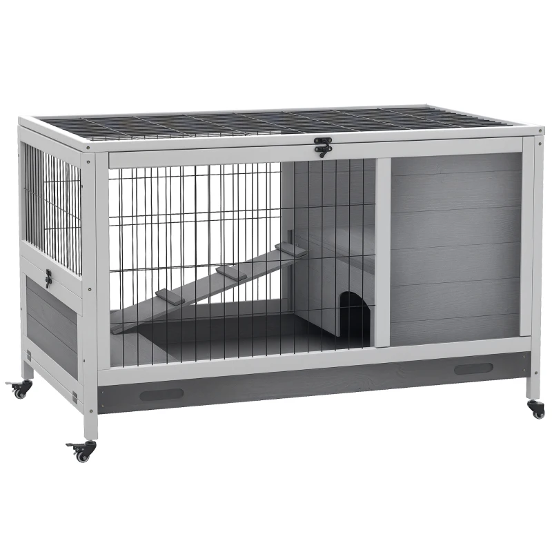 PawHut Conigliera in Legno con 4 Ruote, Casetta per Conigli e Rampa, 90x53x59cm, Grigio
