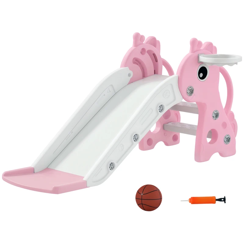 AIYAPLAY 3 in 1 Kids Slide with Climber, Basketball Hoop and Ball, Giraffe Shape Climber Slide for Indoor Kids Age 1-3, Pink