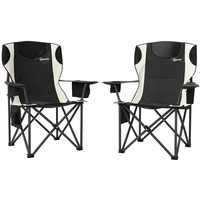 Outsunny Set of 2 Folding Camping Chairs, Padded Camping Chairs with Adjustable Armrests, Portable & Lightweight Folding Camp Chair with Cooler Bag, Cup Holder and Side Pockets, Black