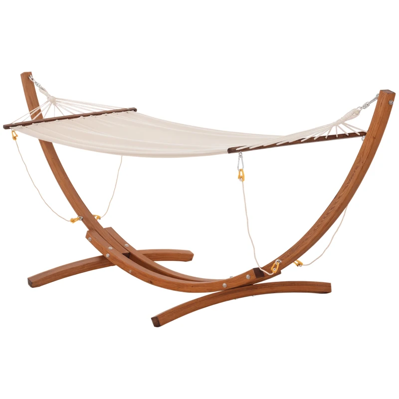Outsunny Hamac avec support bois hamac sur pied extérieur 4 cordes de sécurité charge 120 kg bois naturel et blanc