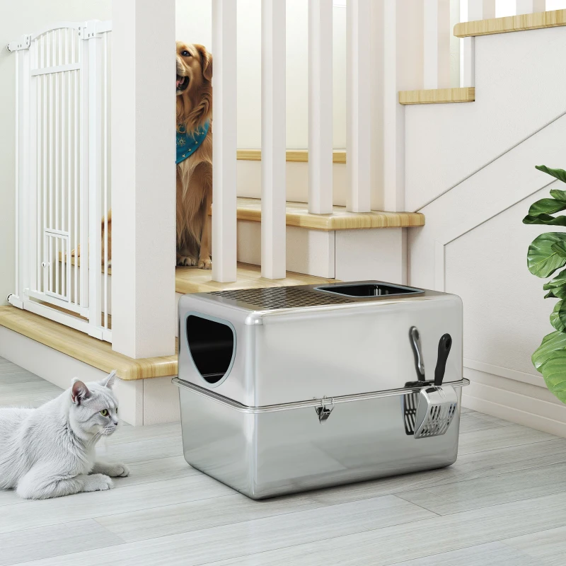 PawHut Katzenklo aus Edelstahl XL Katzentoilette mit Schaufel Doppelöffnungen Leicht zu reinigen Silber