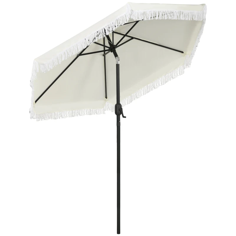 Outsunny Parasol de jardin inclinable parasol avec manivelle à franges style bohème 6 baleines Ø 225 x 223H cm crème et mât noir