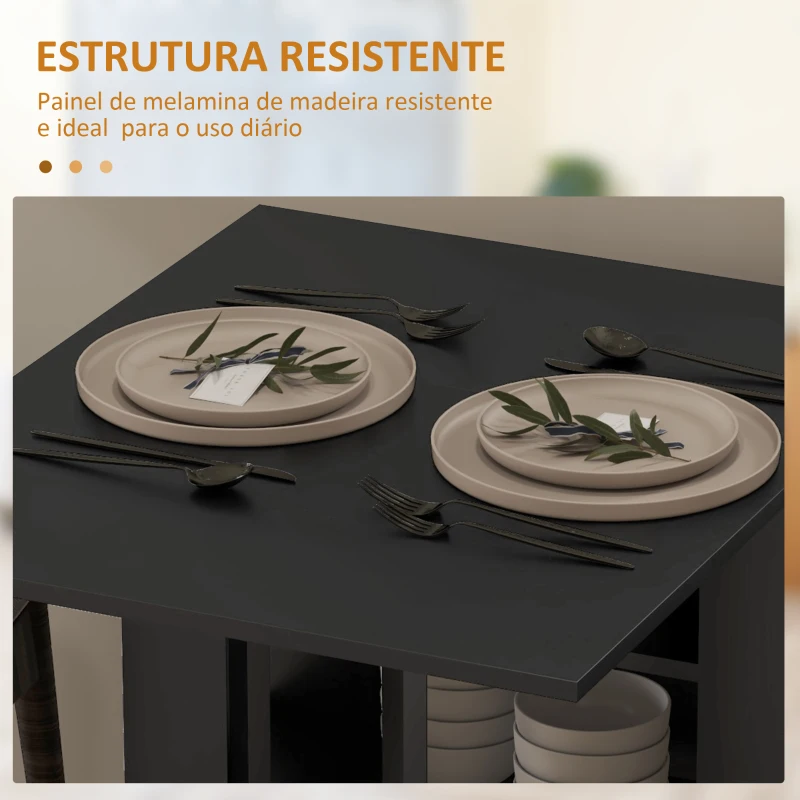 HOMCOM Mesa de Cozinha com Laterais Dobráveis Mesa de Refeição com 2 Rodas e Prateleiras Estilo Moderno 120x60x75 cm Preto