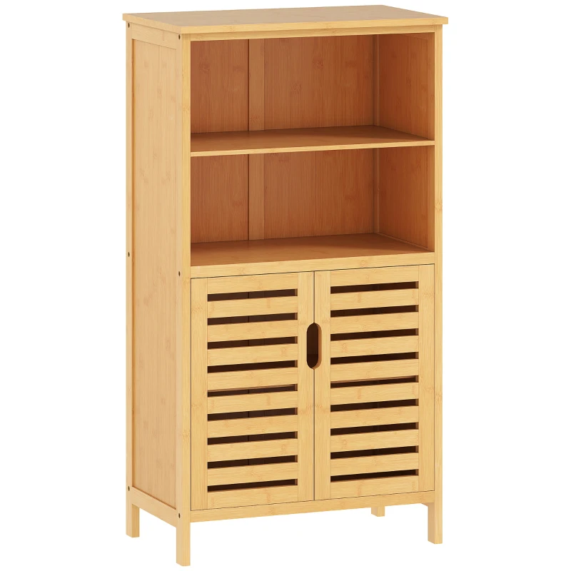 kleankin Armário Casa de Banho de Bambu Móvel Auxiliar Casa de Banho com 2 Portas 2 Prateleiras Abertas 50x29x92 cm Madeira