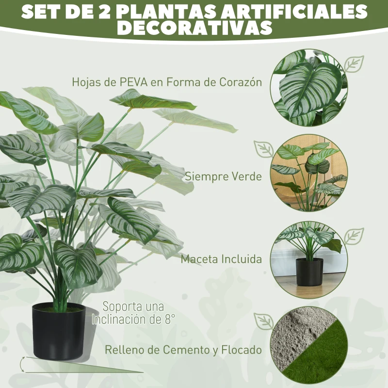 HOMCOM Plantas Artificiales Decorativas 65 cm Plantas Artificiales con Maceta y Hojas para Interior Verde
