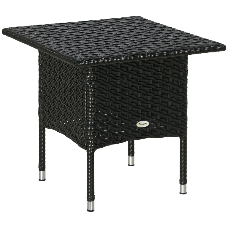 Outsunny Rattan Side Table, Outdoor Coffee Table with Plastic Board Under the Full Woven Table Top for Patio, Garden, Balcony, Black