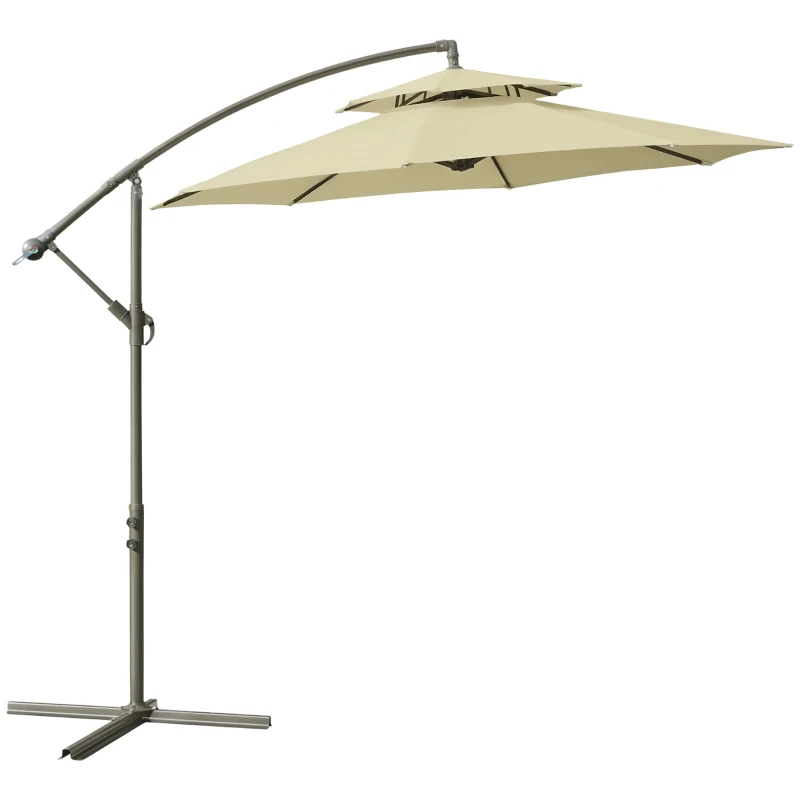 Outsunny 2.7m Garden Banana Parasol Cantilever Umbrella with Crank Handle, Double Tier Canopy and Cross Base for Outdoor, Hanging Sun Shade, Beige