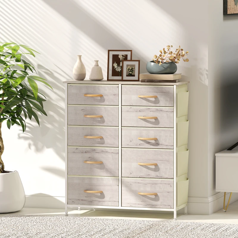 HOMCOM Chest of Ten Fabric Drawers - Natural Wood Finish
