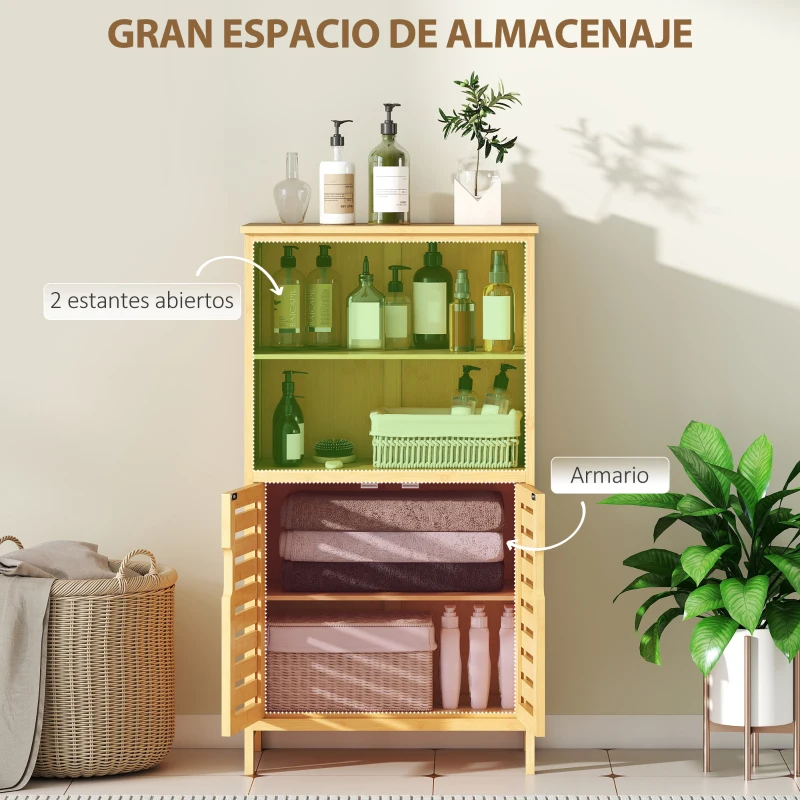 kleankin Mueble Auxiliar de Baño de Bambú Mueble de Baño con 2 Puertas 2 Estantes Abiertos y Patas Elevadas 50x29x92 cm Natural
