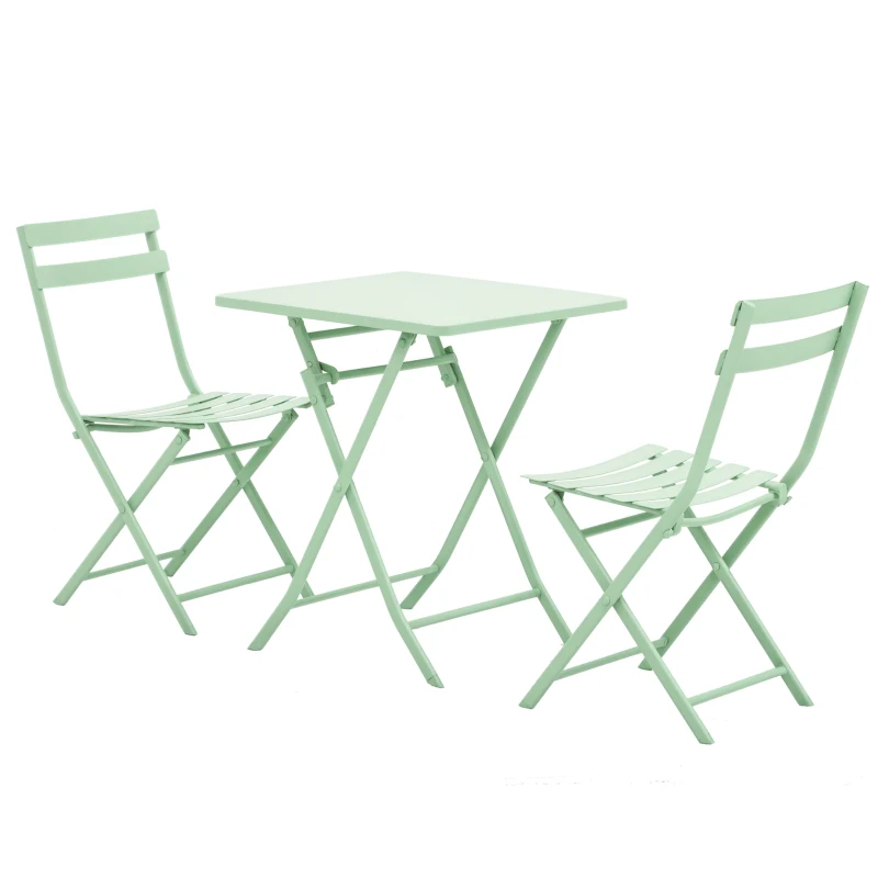 Outsunny Set Tavolo e Sedie da Giardino ed Esterno in Metallo Verde, Set da 3 Pezzi Pieghevole e Salvaspazio